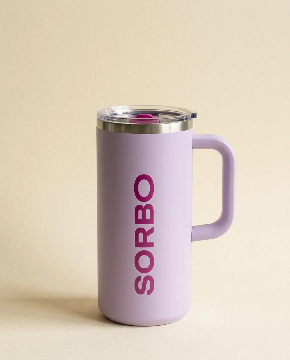 The SORBO product shot, the lilac insulated tumbler, on a cream background.