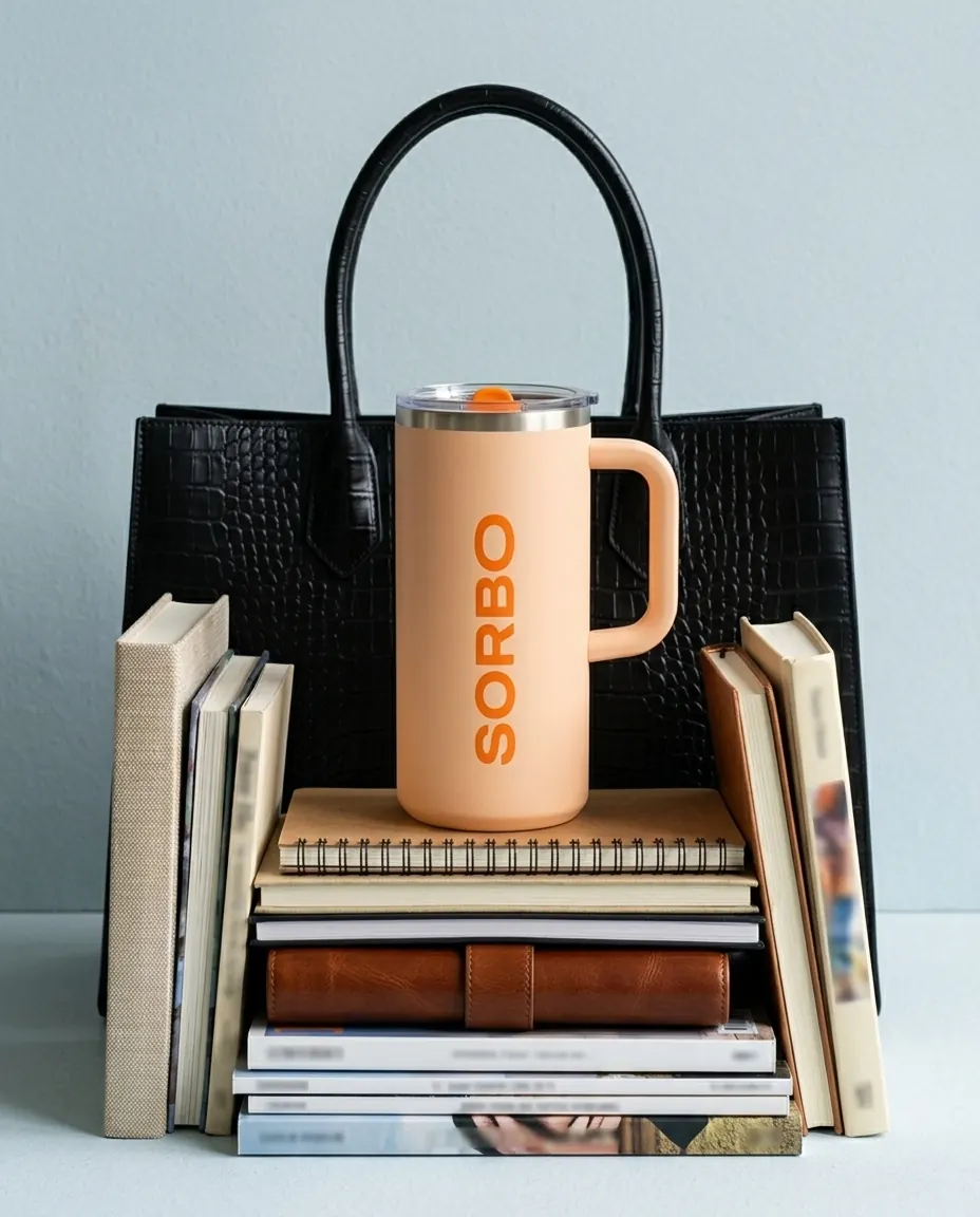 SORBO on top of a stack of books, in front of a black bag.