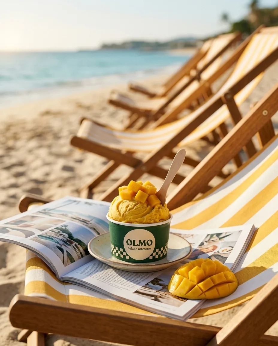 OLMO's green cup with mango ice cream on a striped deckchair by the sea.